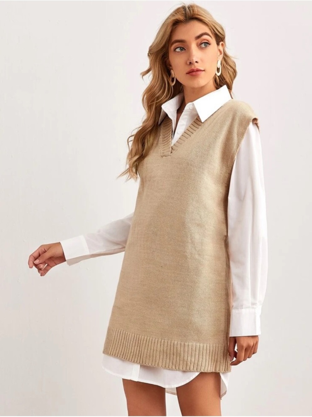 SHEIN Beige V-Neck Knit Sweater Vest